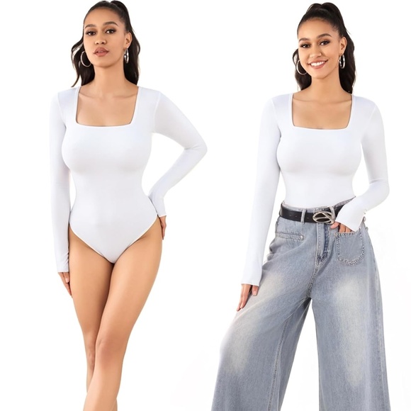 MANGOPOP Women's Square Neck Long Sleeve Tops Bodysuit - Picture 1 of 5